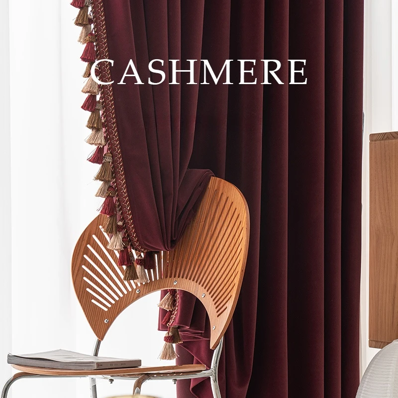 

Custom Size European Style Tassel Burgundy Velvet Curtains for Living Room Bedroom Dining Window Decor Luxury Blackout Decor