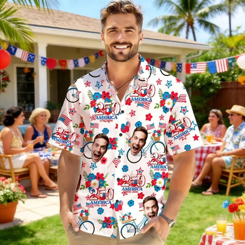 Customized USA 250th Anniversary Family Hawaiian Shirt Unisex 3D Print Funny Face Flag Summer Button Blouses Lapel Aloha Shirts