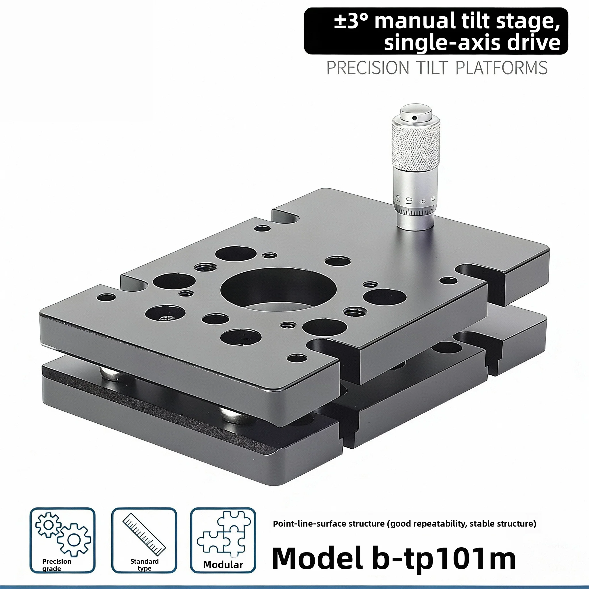 B-TP101M Single-Axis Precision Tilt Stage - Micrometer-Driven Pitch Adj., ±3° Range, 30mm Clear Aperture for Optical Experiments