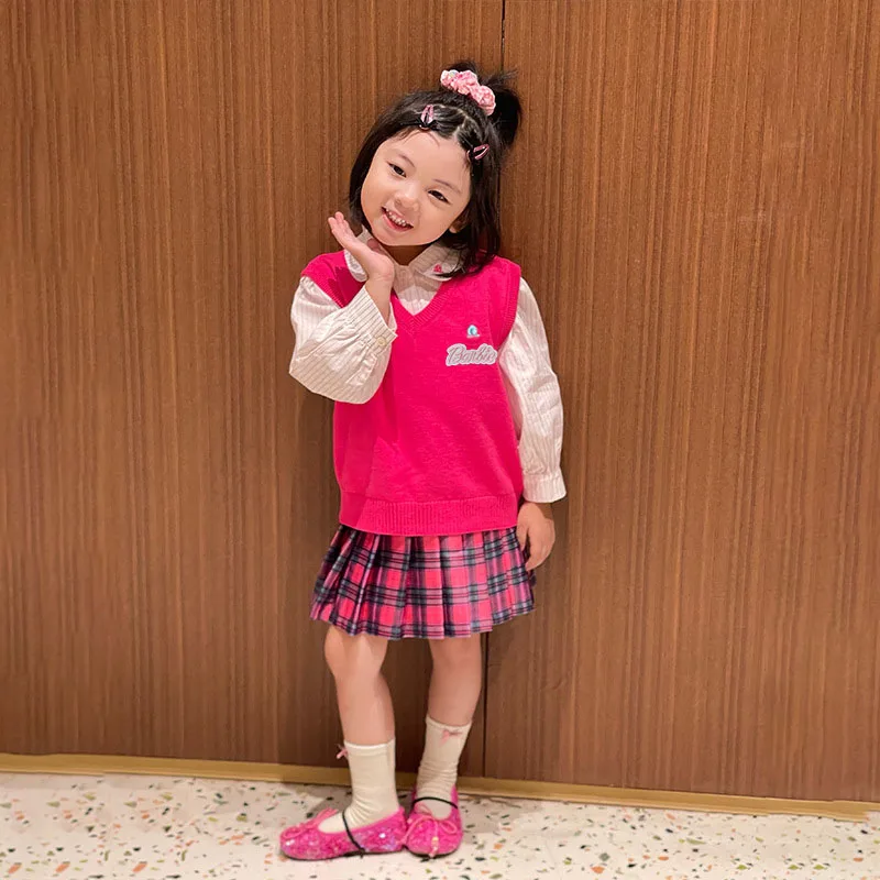 Cartoon Cute Barbie Girls Clothes Suit Cute Sweet Girls Knitted Vest Pleated Skirt Shirt Three-Piece Suit Korean Fashion Outfits