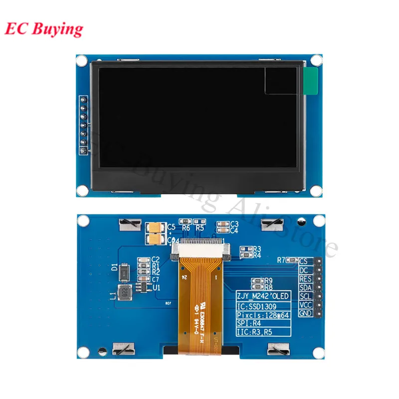 Módulo oled de 2.42 polegadas, tela lcd de 2.42 "12864, módulo de exibição led 128x64 ssd1309 spi/iic interface i2c para arduino 4 pinos 7 pinos