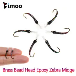 Bimoo 10pcs #14 Brass Bead Head Epoxy Zebra Midge Fly Barbed Hook Copper Wire Rib Chironomid Pupa Fly Trout Fishing Lures Baits