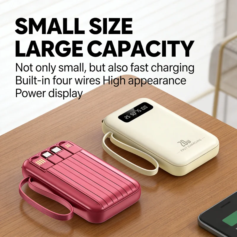 

Внешний аккумулятор 20000 мАч с цифровым дисплеем и встроенным кабелем, портативное зарядное устройство большой емкости для быстрой зарядки PD 30 Вт, LED-индикатор заряда