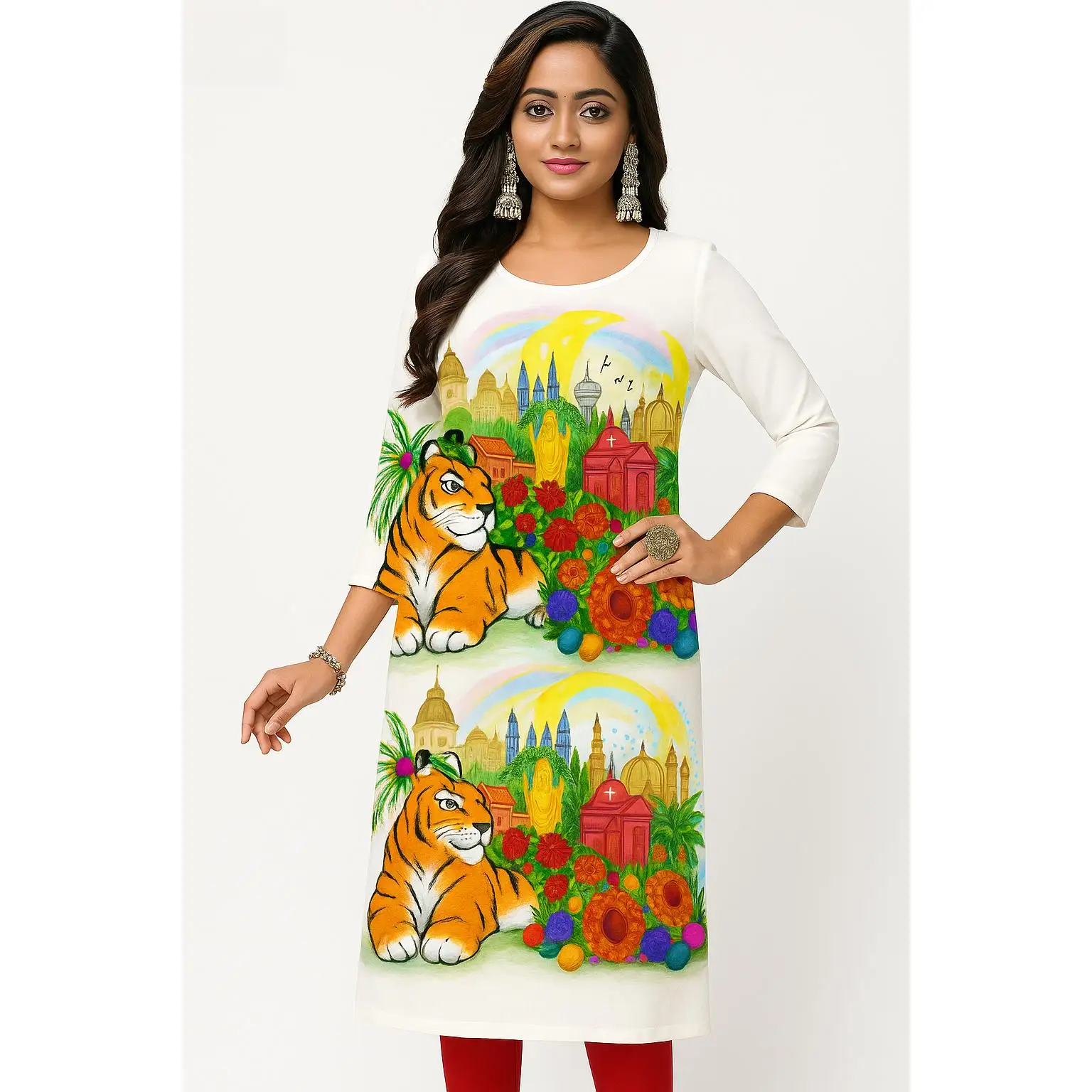 Kurt Abito comodo alla moda da donna Manica lunga Tubo dritto Casual Girocollo etnico Taglia regolare Nuovo abito