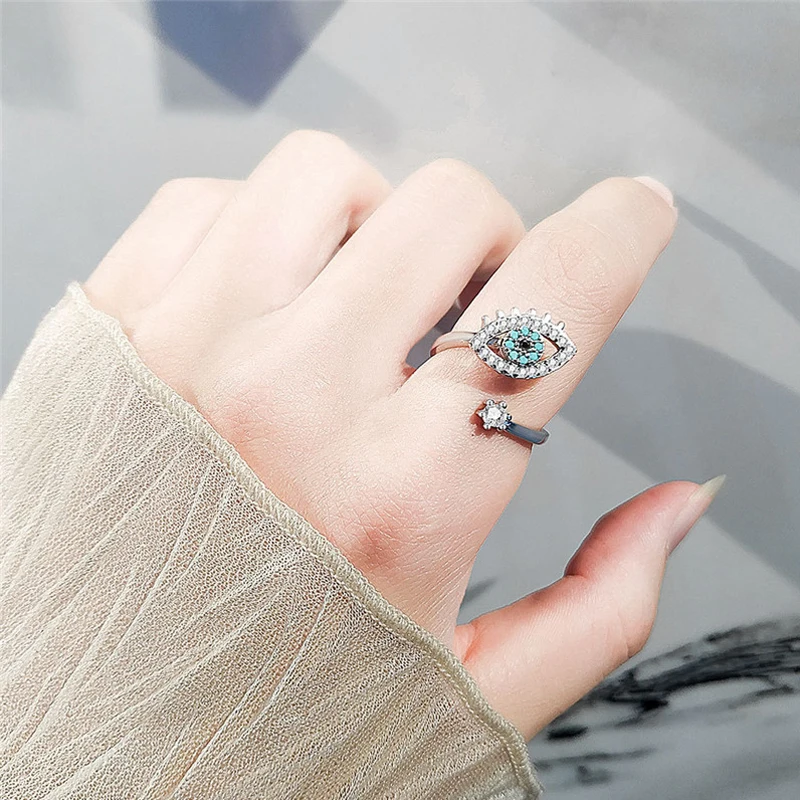 Trendy Anxiety Fidget Spinner Crystal Evil Eye Ring Rotatable Open Finger Jewelry Girls Party Personality Rings Gift Accessories
