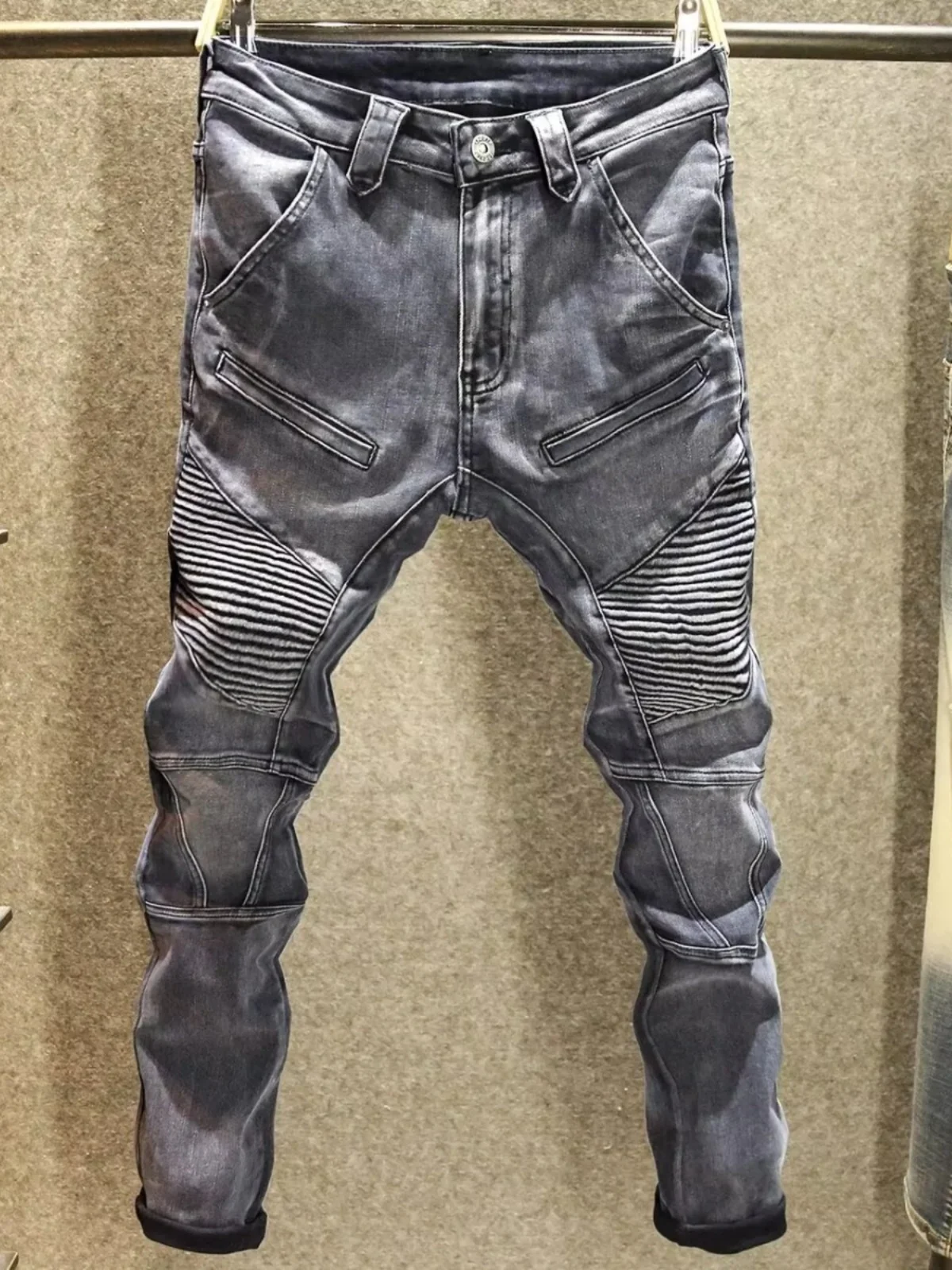 

Мужские джинсы Slim Fit для мотоциклистов, модные, весенне-осенние, трендовые, брендовые, с лоскутным дизайном, эластичные, длинные брюки, молодежный стиль