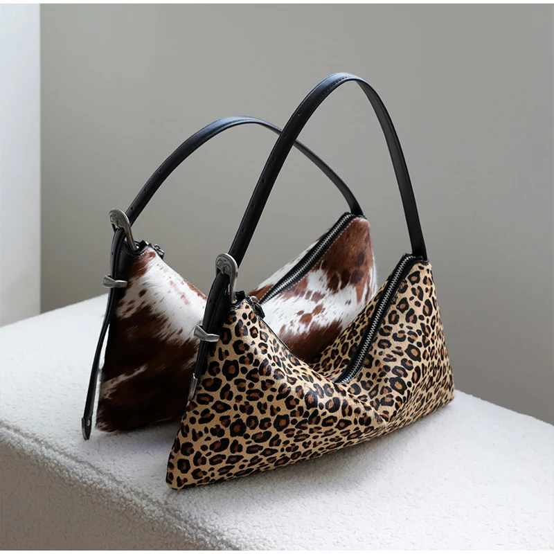 

Уникальная дизайнерская сумка для пельменей, винтажная сумка с леопардовым принтом и молочным узором, сумка из натурального конского волоса, кожаная регулируемая сумка на плечо для подмышек