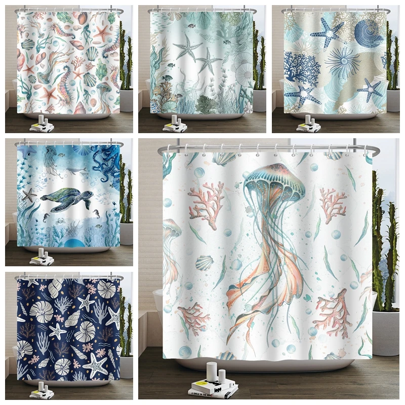 

Jellyfish Shower Curtain Kawaii Marine Life Whale Bathtub Screen Waterproof Fabric Polyester Bathroom Curtain with Hooks 180x200