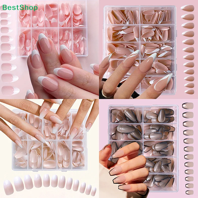 ✍ 120/240/360 Stück/Box Glänzende Weiche Gel-Nagelspitzen in Rosa, Französische Mittellange Mandel-Nagelspitzen in Weiß, Einfache Aufklebnägel, Große Packung Künstliche Nägel
