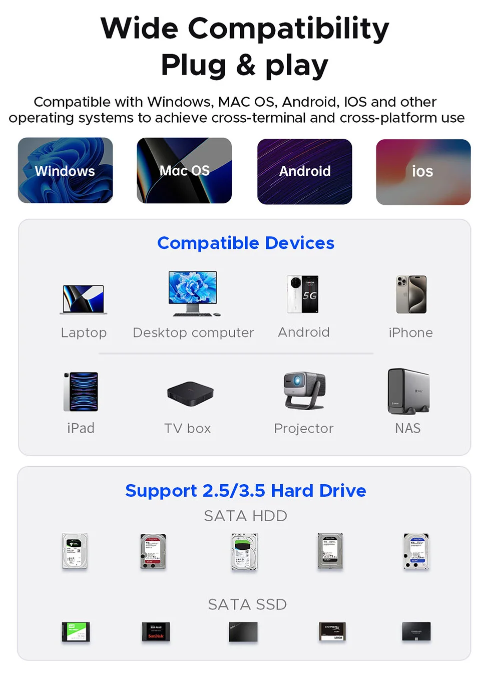 ORICO Estación de acoplamiento de disco duro 7 RAID 2,5/3,5 "SATA HDD SSD carcasa 150W USB 3,0 5Gbps DAS ventilador de refrigeración de aluminio para PC portátil
