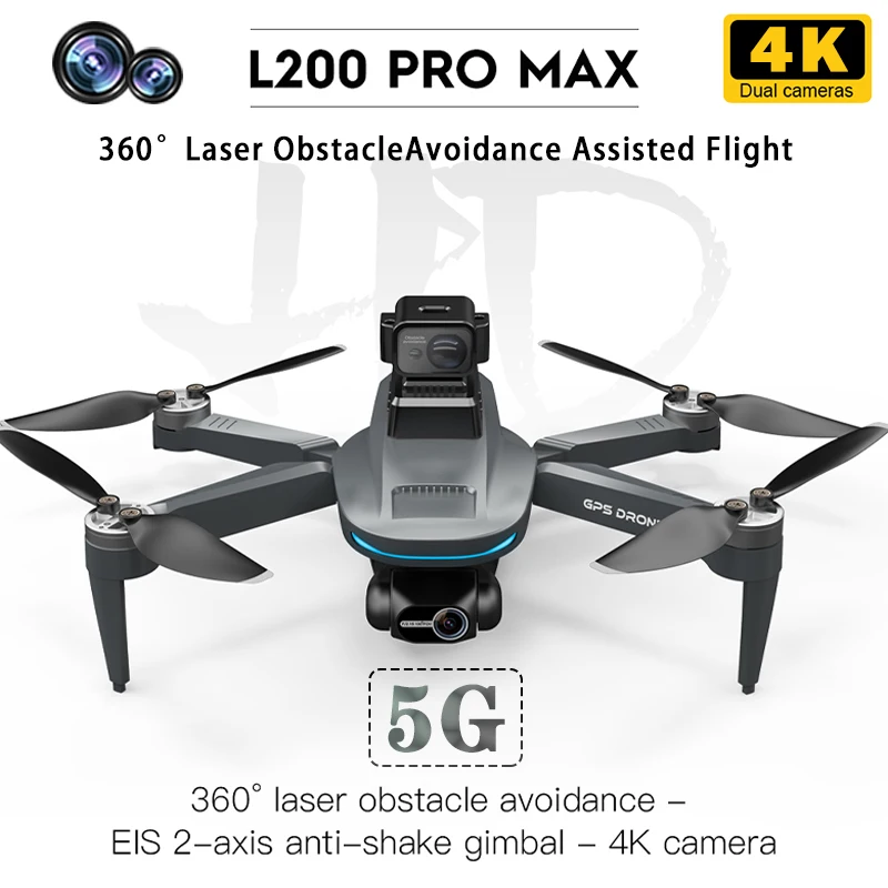 

Дрон L200 PRO MAX с двумя камерами 4K HD, 2-осевой дрон 360° ° Лазерный предотвращение препятствий Бесщеточный GPS 5G WIFI RC FPV Квадрокоптер