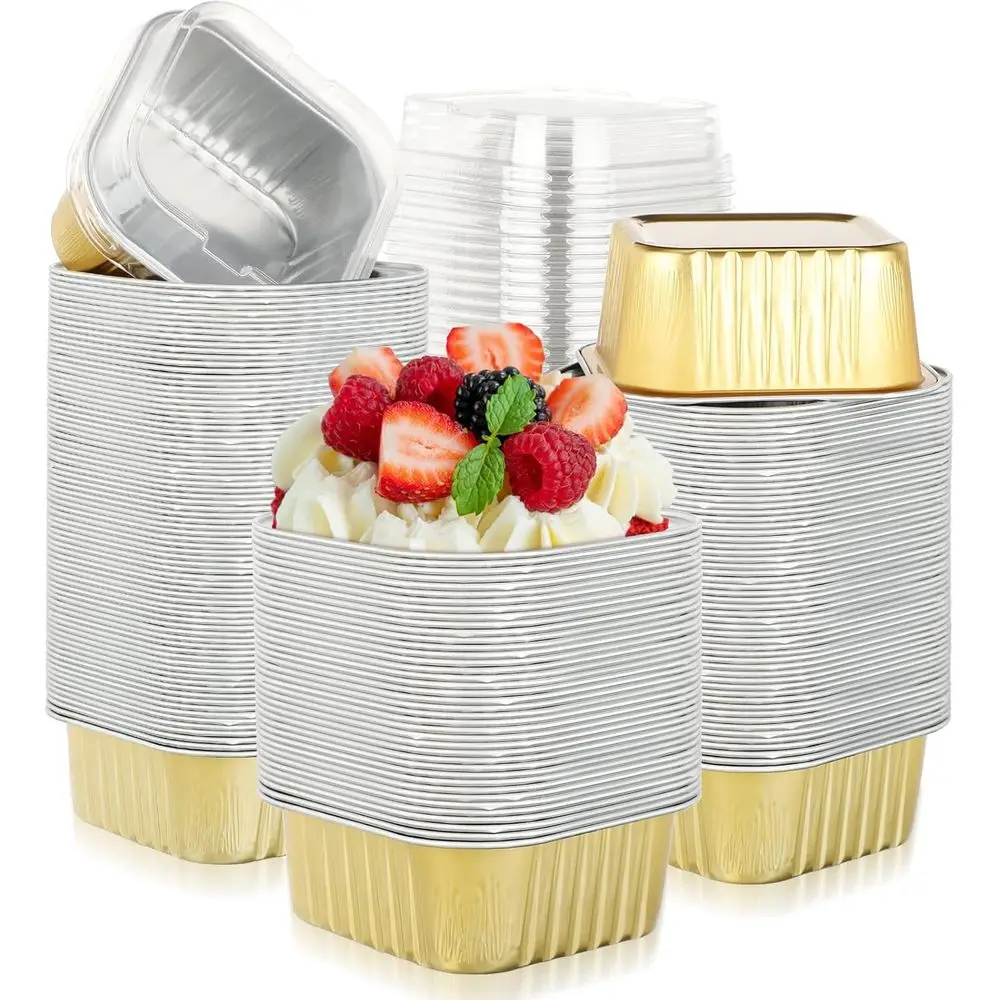 

200 Disposable 5 oz Aluminum Foil Cupcakes Liners with Lids - Ideal for Parties, Weddings, and Celebrations