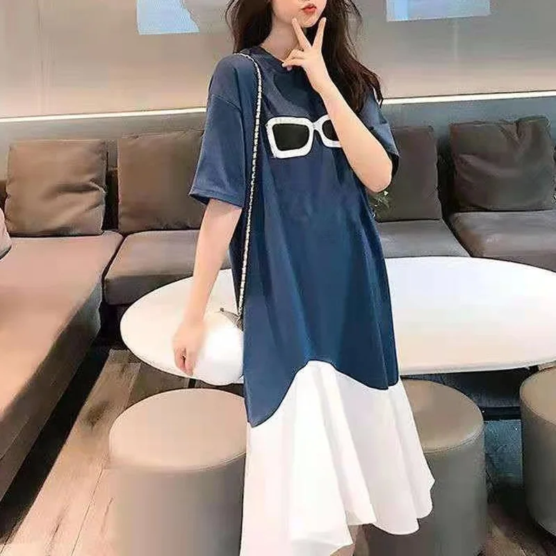 2023 New Elegant and Fashionable Round Neck Printed Panel Contrast Color Casual Loose Simple Solid Oversize Short Sleeve Dress