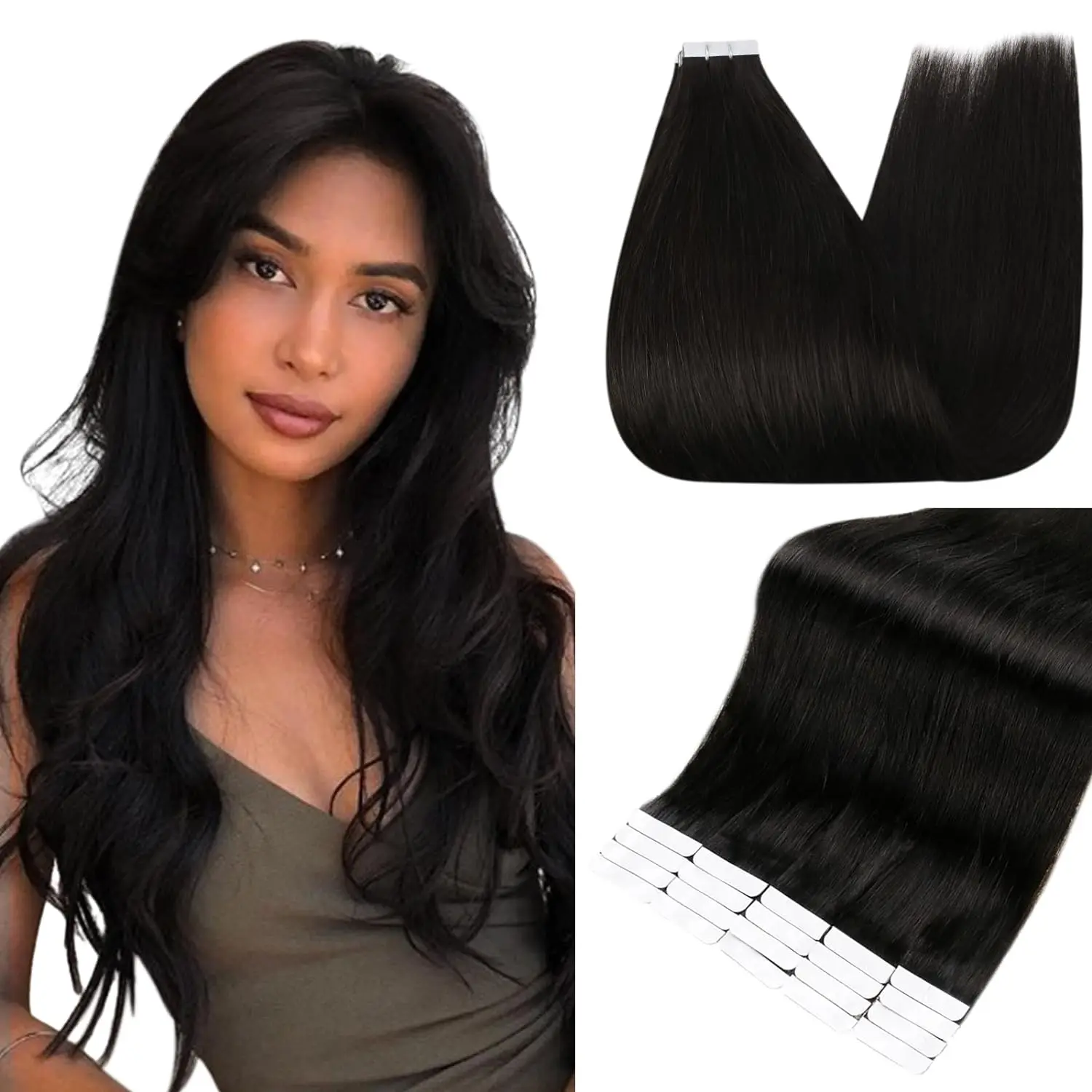 Natural Remy cabelo humano para mulheres, fita em extensões, qualidade do salão, pele adesiva, cabelo de trama, cor reta sedosa, # 1B, 16-26 em