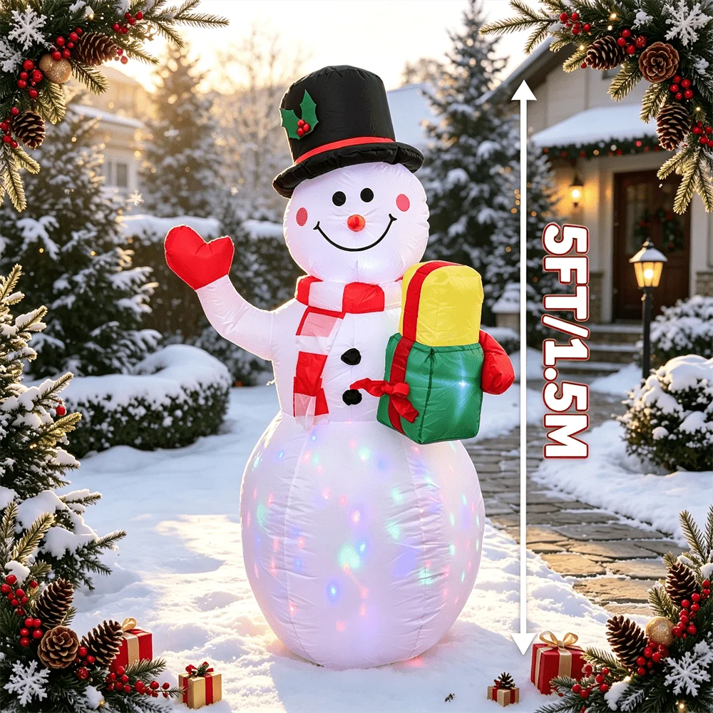 5FT Inflatable Toy Christmas Snowman with Top Hat Holding Gift Box Build-in Color LED Light Outdoor Holiday Yard Decoration view 3