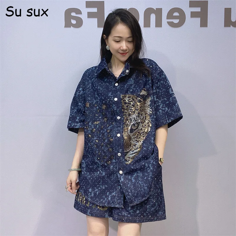 

Повседневная джинсовая рубашка с короткими рукавами и комплекты с короткими штанами, женская одежда, комплект из 2 предметов большого размера, корейский модный спортивный костюм, одежда Y2k