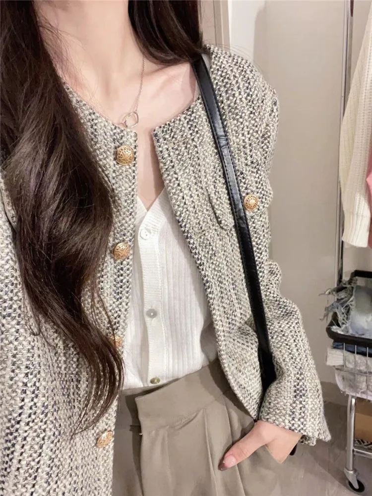 

Ele Oversized Long Sve Women's Jaet Autumn Winter New Design Retro Sli High Waist round Ne Plaid Commute Sle
