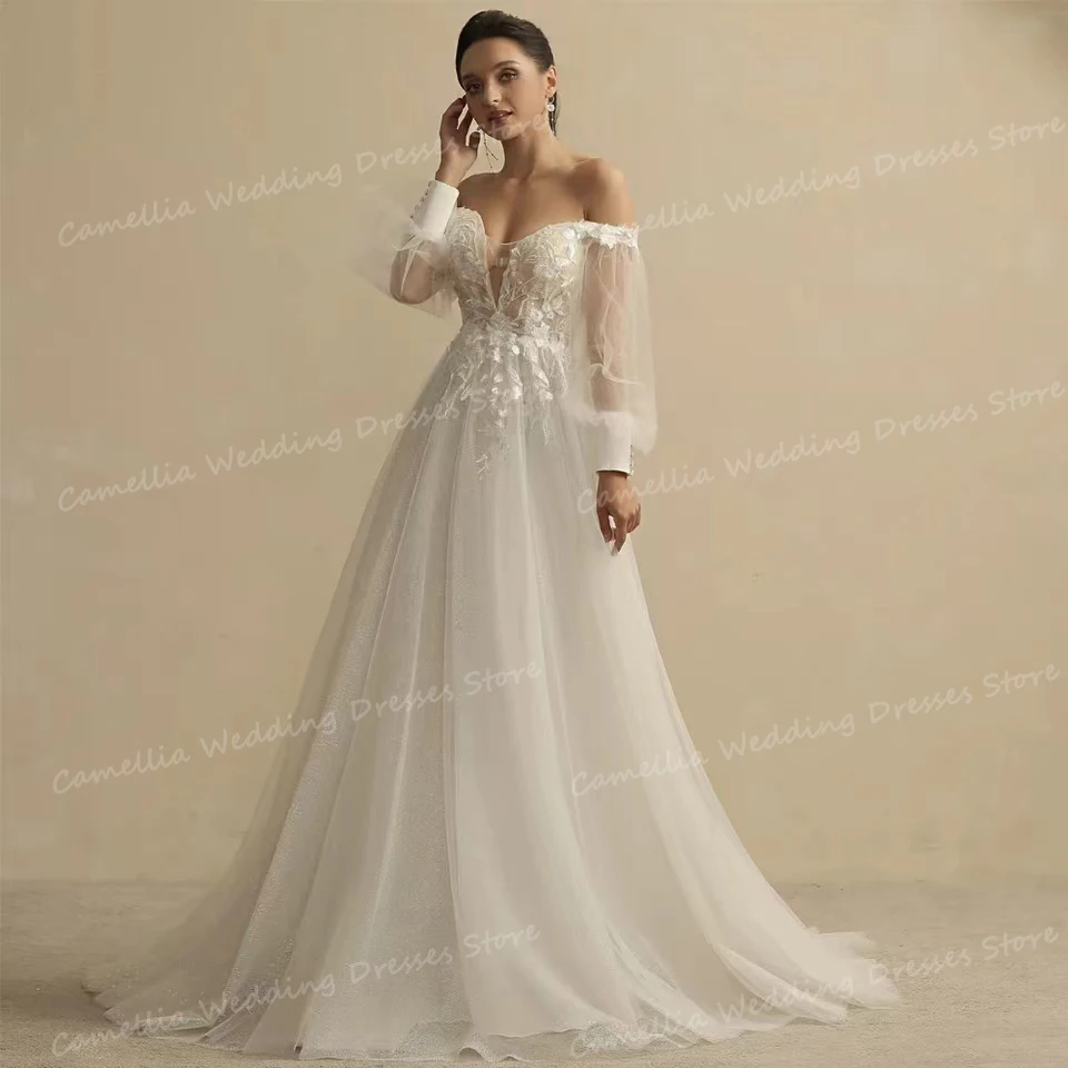 Eleganti abiti da sposa Sexy A Line abiti da sposa A maniche lunghe da donna Sweetheart Backless Off spalla pizzo Tulle abiti smileslimays