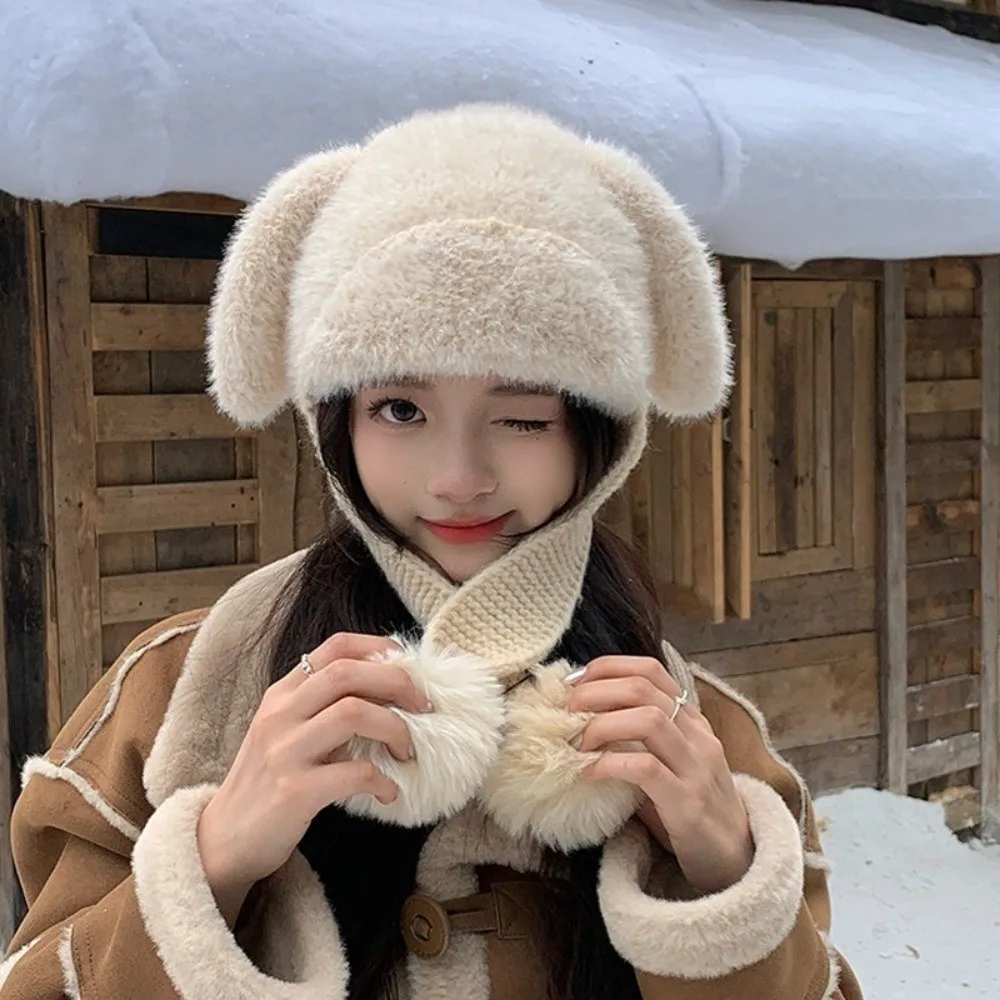 Fluffy Texture Bunny Ear Beanie Warm Lining Knit Material Knit Winter Hat Pom Pom Detail Slouchy Style Earflap Pom Pom Hat