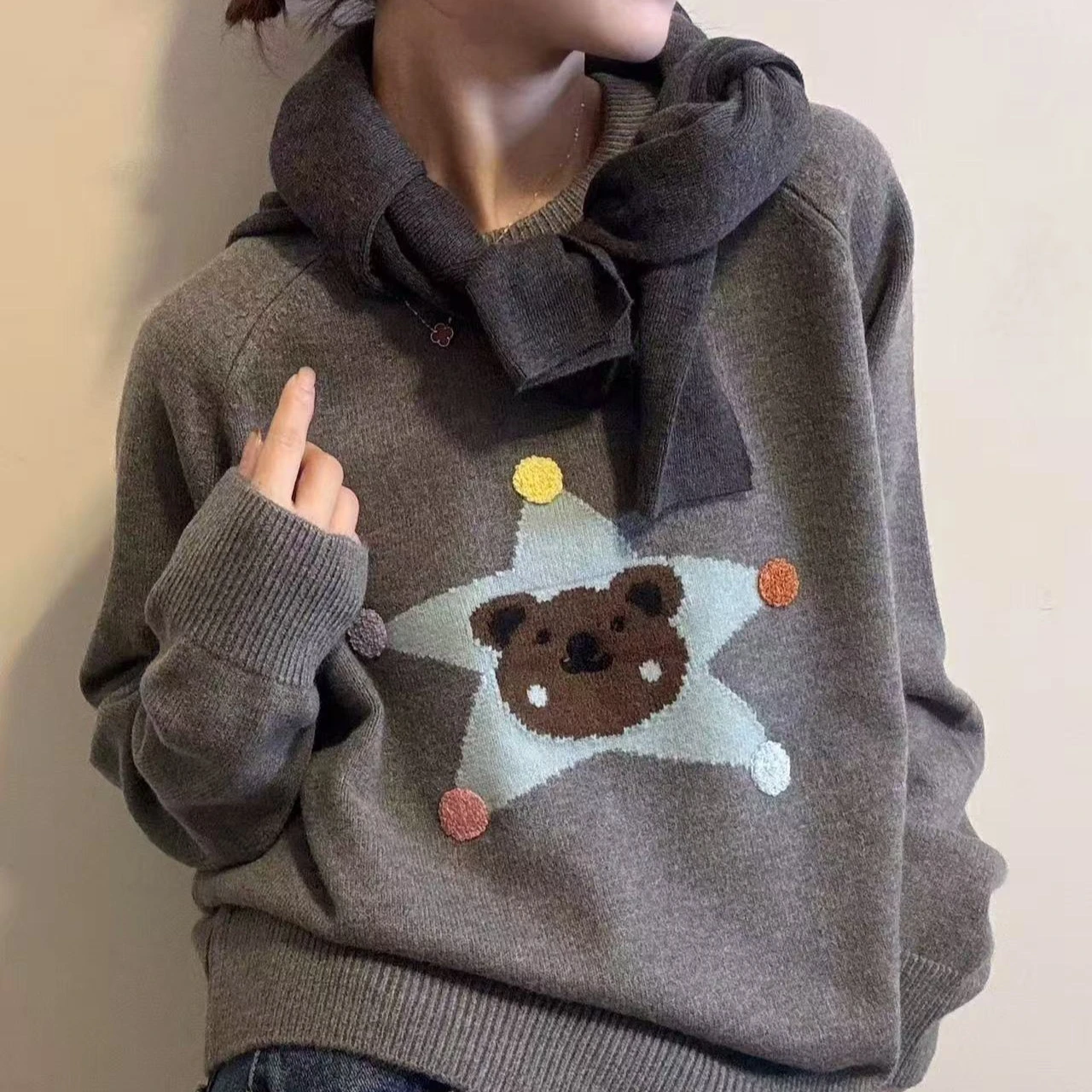 

RAIN YAN LIN Fashion Pentagram Teddy Bear Wool Knitted Pullover Women's Spring Autumn O-Neck Long Sleeve Loose Versatile Sweater