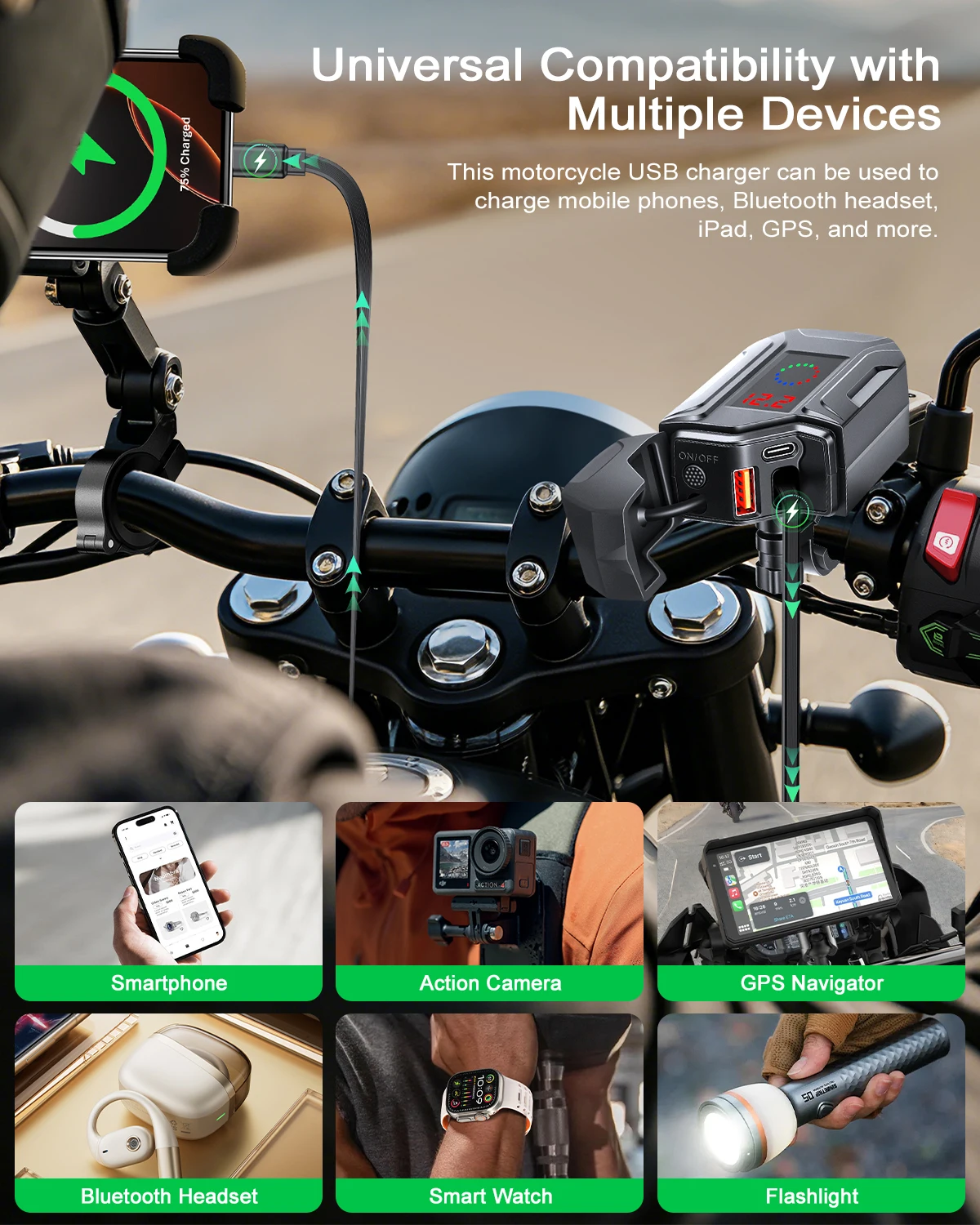 USB Type-C PD Fast Charger Waterproof Motorcycle Phone Charger Handlebar Mount Quick Charger Adapter with Voltmeter