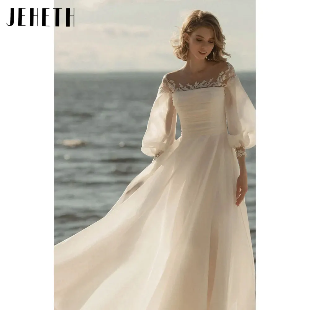 JEHETH Puff Sleeves Appliques Wedding Dresses O-Neck A-Line Tulle Bridal Gowns Backless Bow  vestidos de fiesta 2024 Custom Made