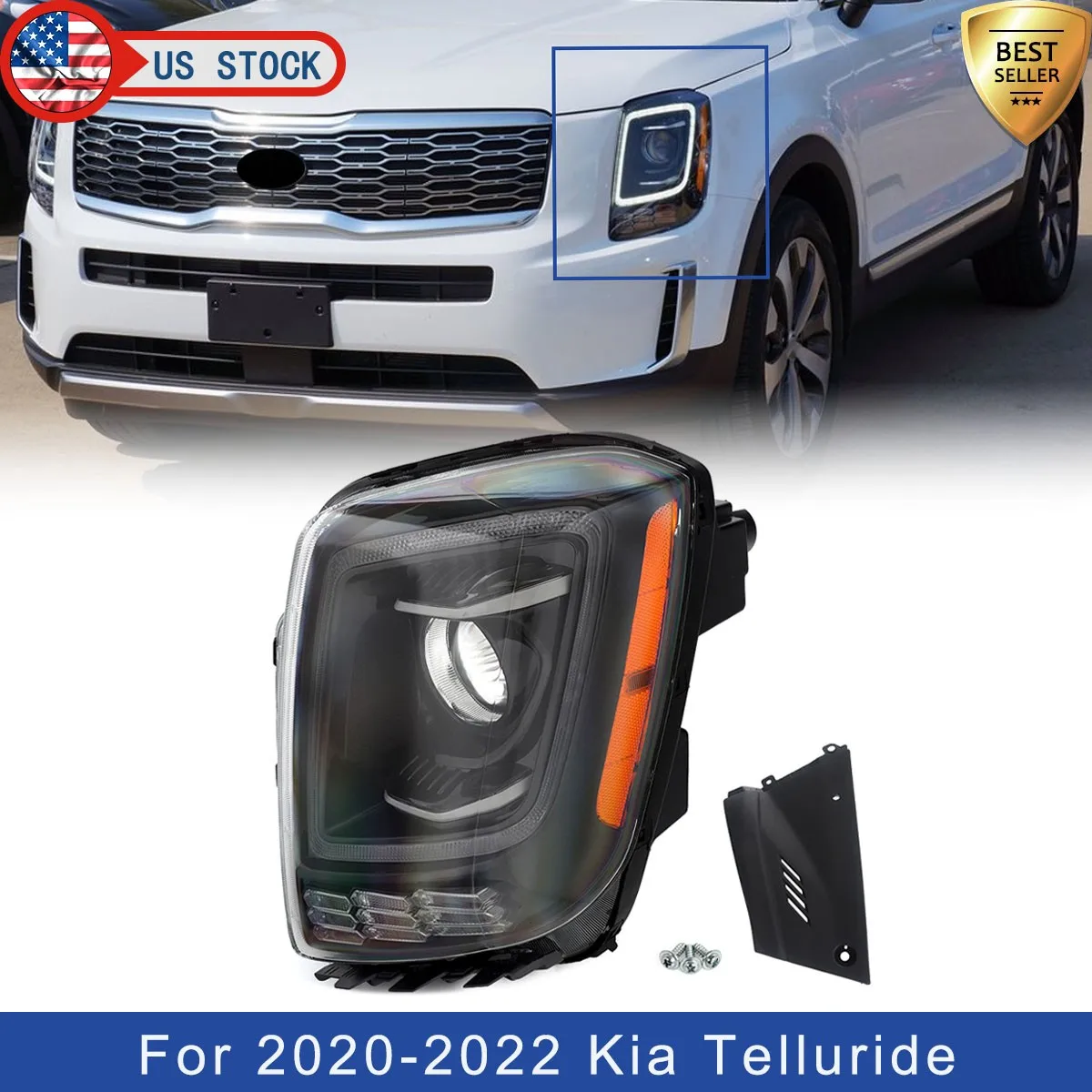 Halogen Headlight For Kia Telluride W/LED DRL Driver Side S Sport Utility 4-Door 92101-S9000 2020 2021 2022 head light