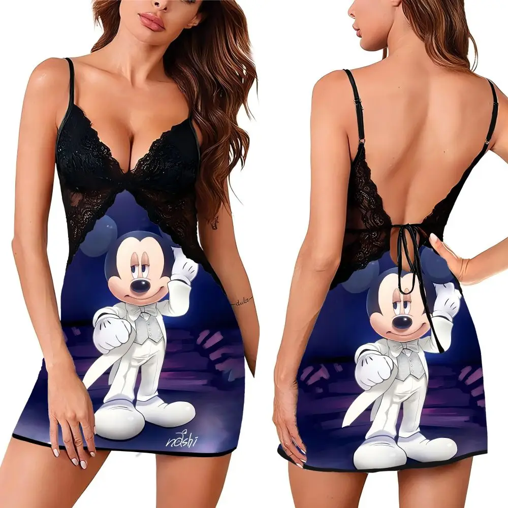 

2024 Summer Sleeveless Women's Pajama with Cartoon Character Sexy Chic Female Halter Sleepdress Lace Hollow Nightwear for Women