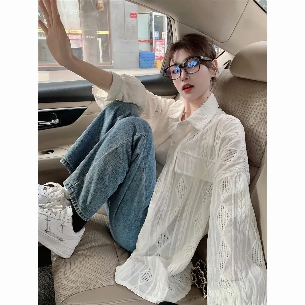 Hollow Out Long Sleeved Shirt for Women\'s Spring Autumn New Casual Commuting Medium Length Versatile Trendy White Shirt Coat Top