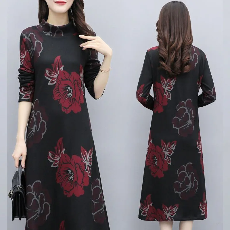 Winter New Women's Pocket Flower Half High Neck Long Sleeved Long Skirt Autumn Fashion Elegant Comfortable Temperament Dress