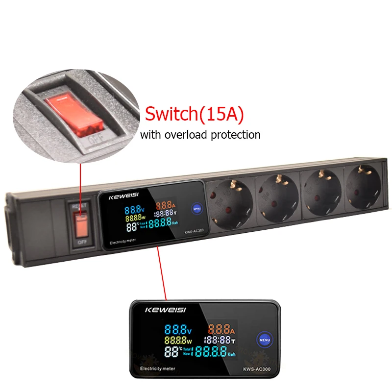 Imagem -03 - Faixa de Energia com Interruptor Display Tomada Universal Tomadas C14 Interface Volt de Energia Watt Kwh Medidor 10 11