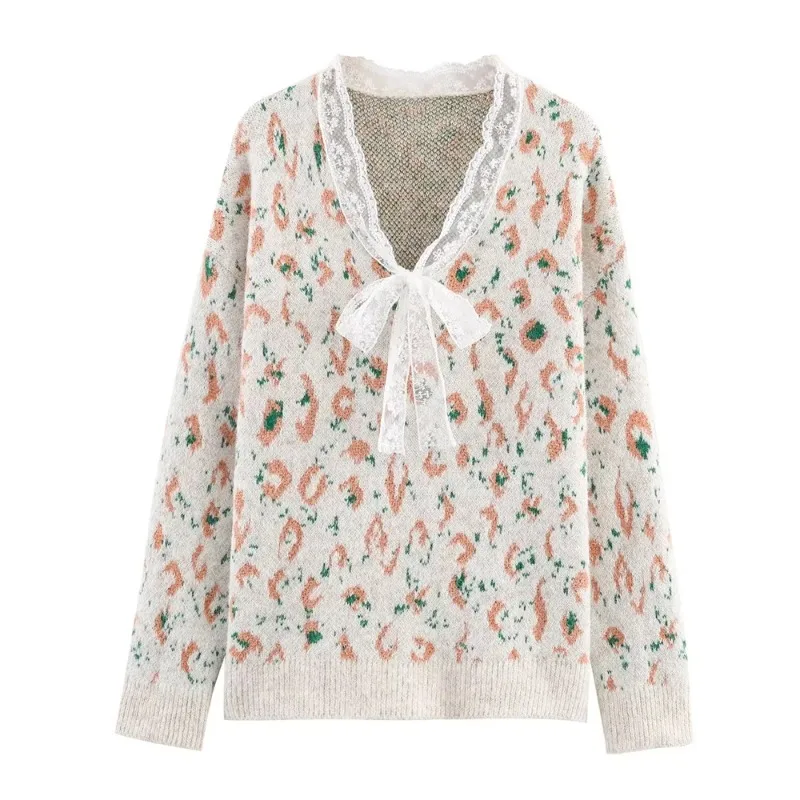 

autumn and winter new fashion, loose and lazy style knitted sweater Lace V-neck patchwork leopard print sweater for women's