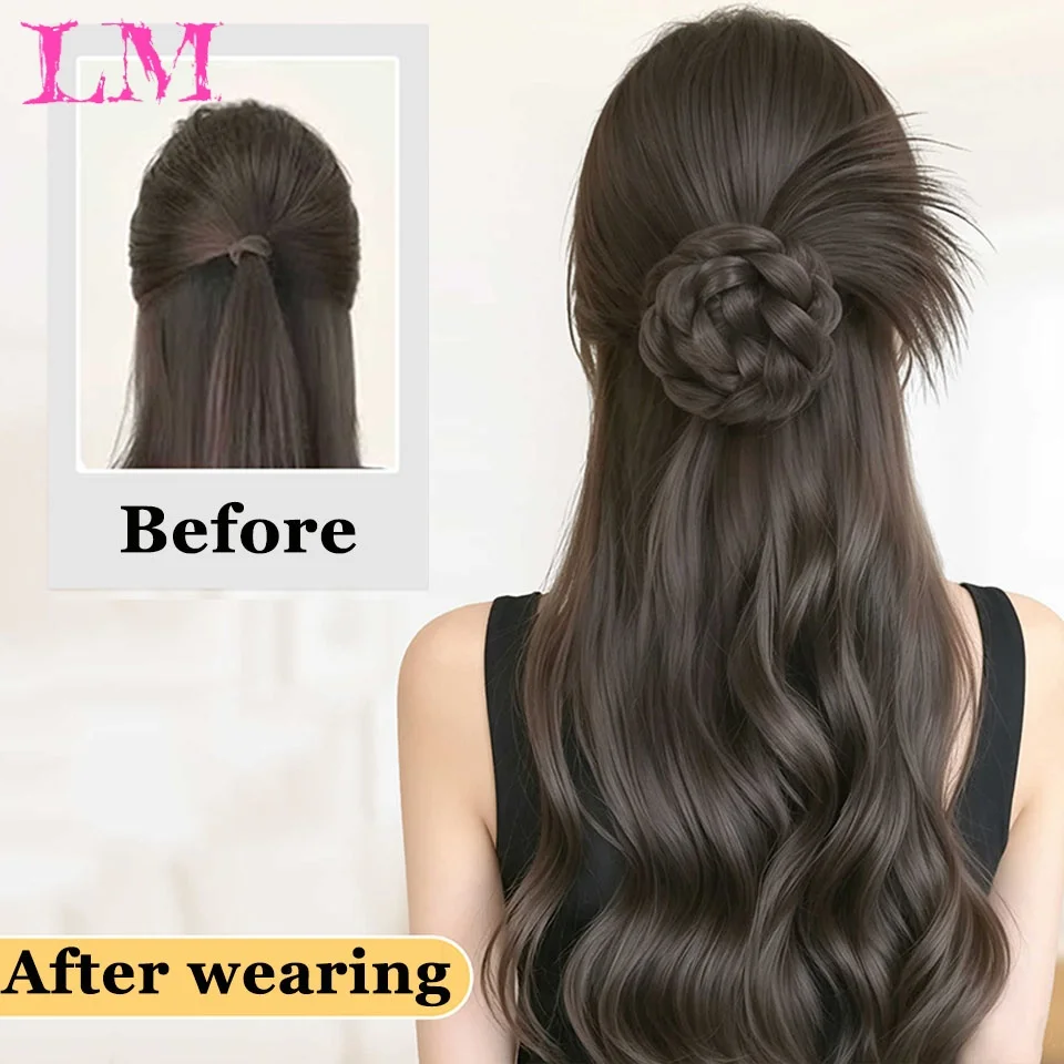 LM Rose Flower Braided Bun Hair Clip Brown Synthetic Chignon Hairpiece with Wispy Hair for Women Wedding Daily Styling