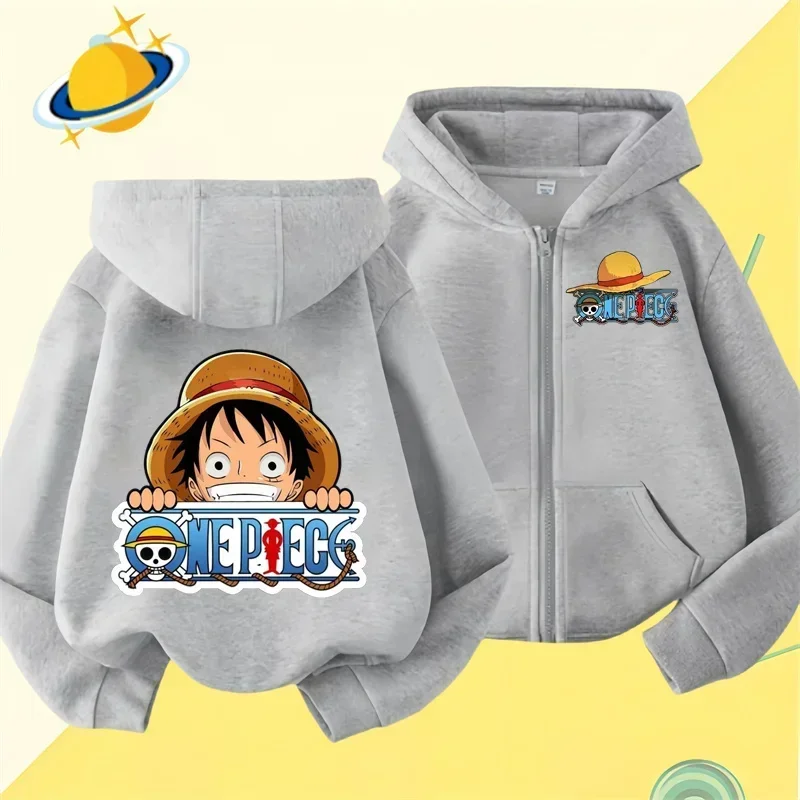 Anime One Piece kids zipper hoodie Cartoon printed Autumn/Winter long sleeved hooded sweatshirt casual top for boys and girls