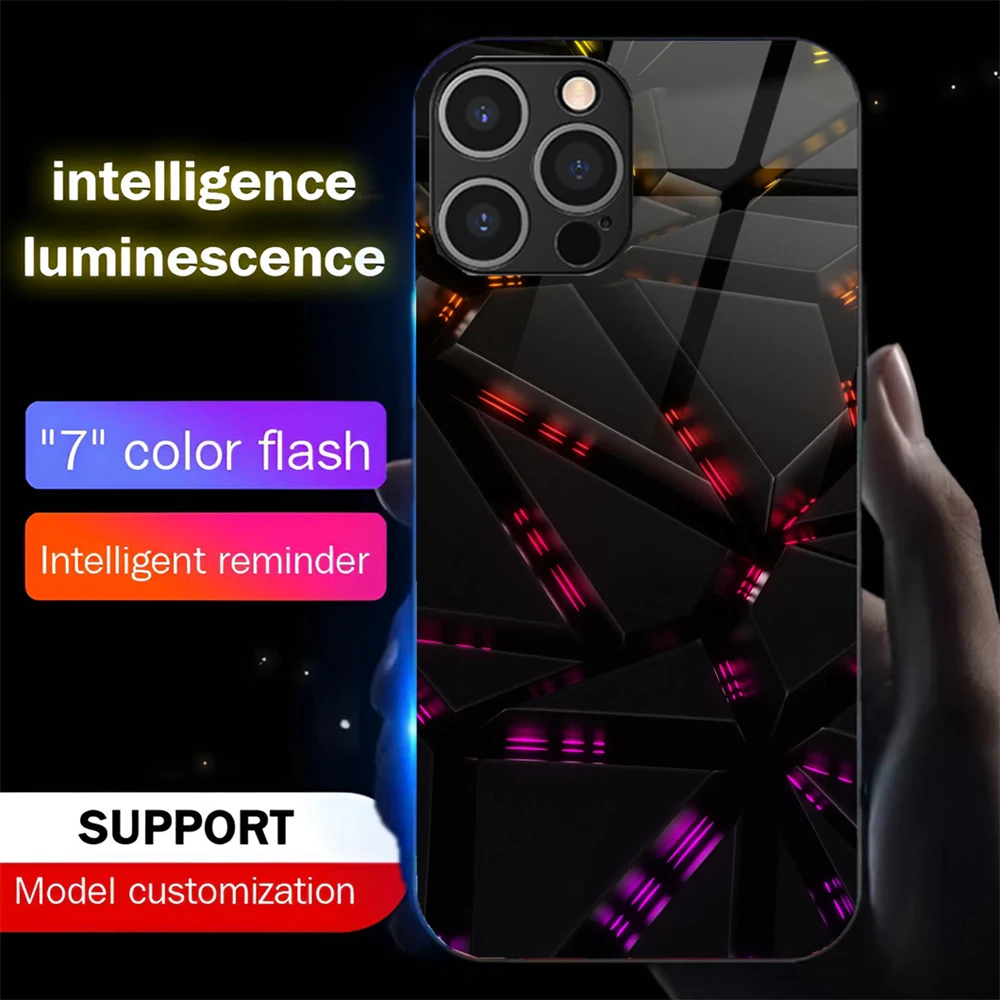 

Luxury Geometry Sound Control LED Flash Cases Luminous Glass Cover For iPhone 16 E 15 14 13 12 11 Pro Max Mini Plus Back Cover