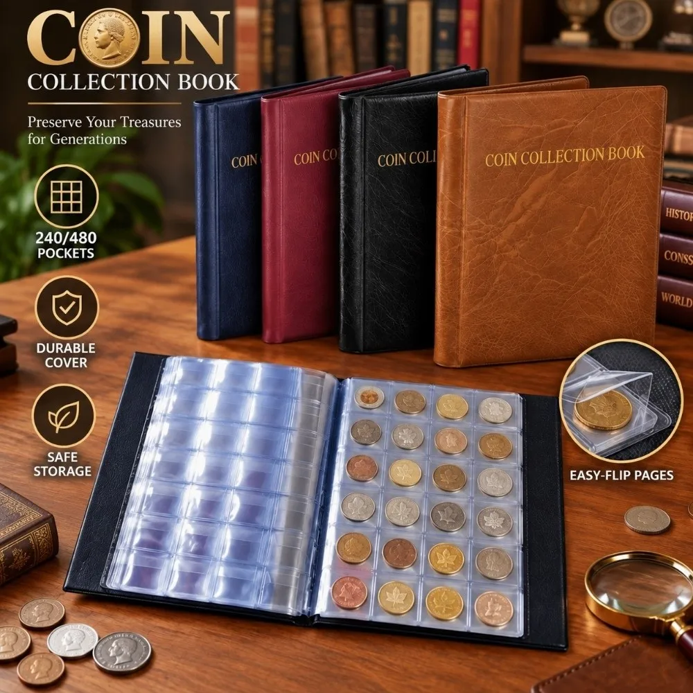 240/480 Pockets Coin Collection Book Large Capacity Anti-lost Coin Holder Album Compact Abrasion‑proof Pocket Coin Album