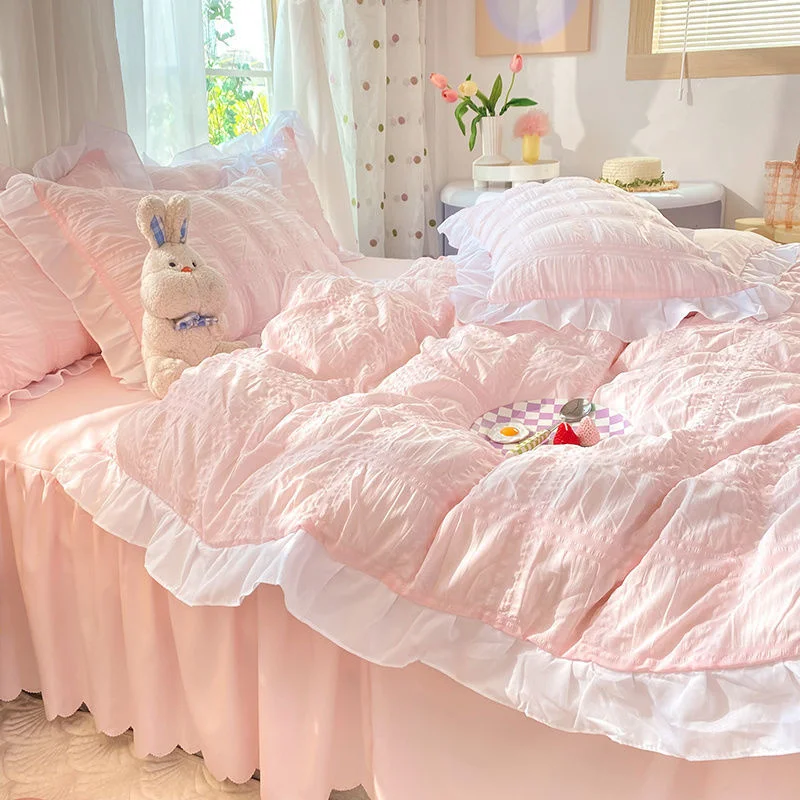 Kawaii Princess Seersucker Bedding Set Luxury Solid Color Duvet Cover Bed Sheet Pillowcase Single Double Size For Girl Decor