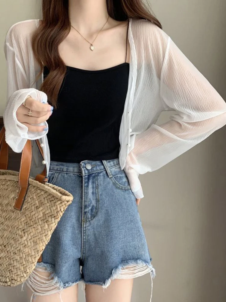Sun Protection Ice Silk Short Thin Cardigan Women's Air Conditioning Cover up Shawl V-Neck Long Sleeve Bell Sleeve Top