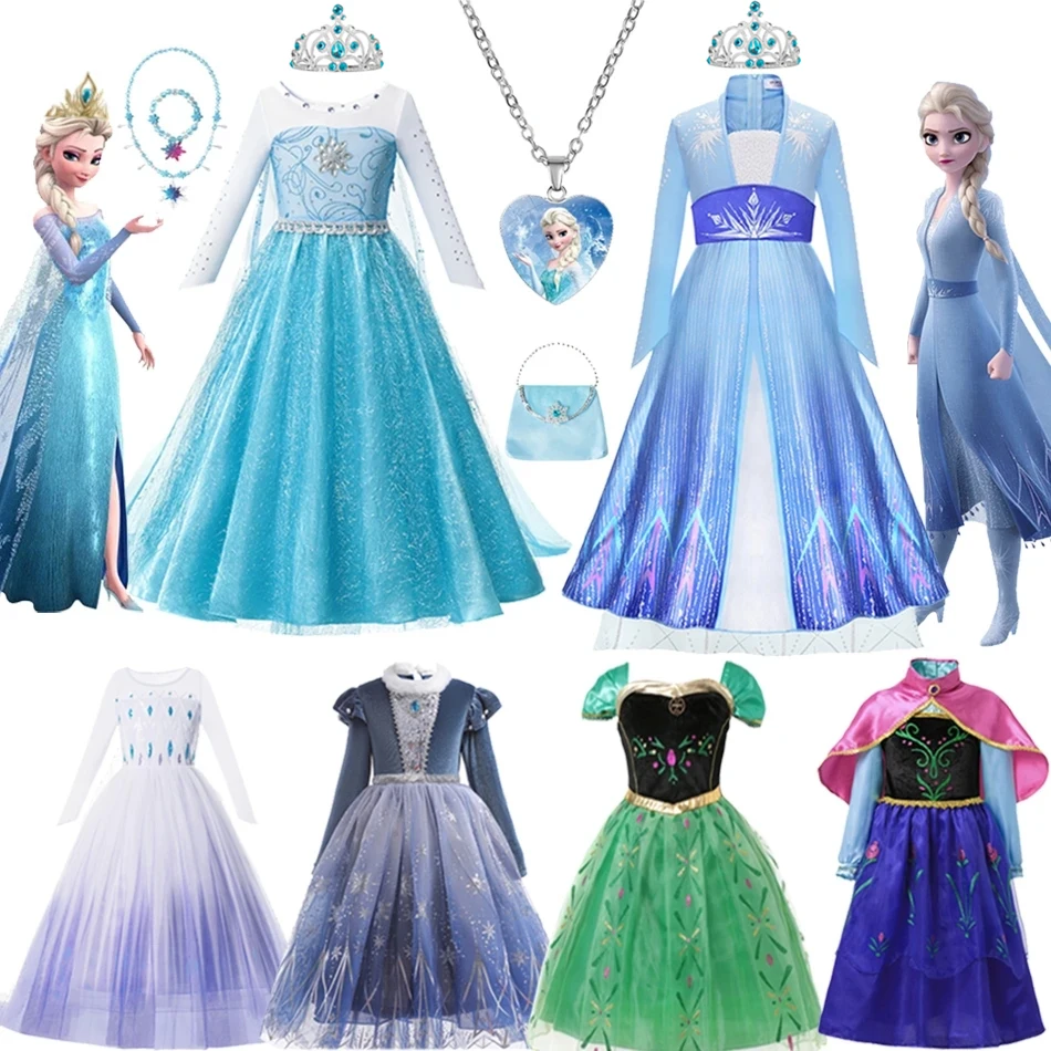 Frozen 1&2 Anna Elsa Coronation Princess Dress Kids Birthday Party Vestidos Snow Queen Cosplay Costume Girls Ball Gown Clothes