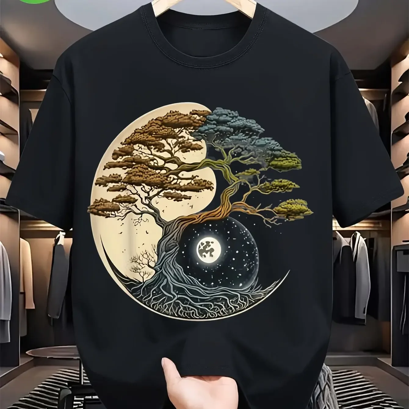 Men's and Women's 100% Cotton Yin Yang Tree T-shirt with Oriental Tai Chi Bonsai Zen Pattern Chinese Style Retro Summer Top