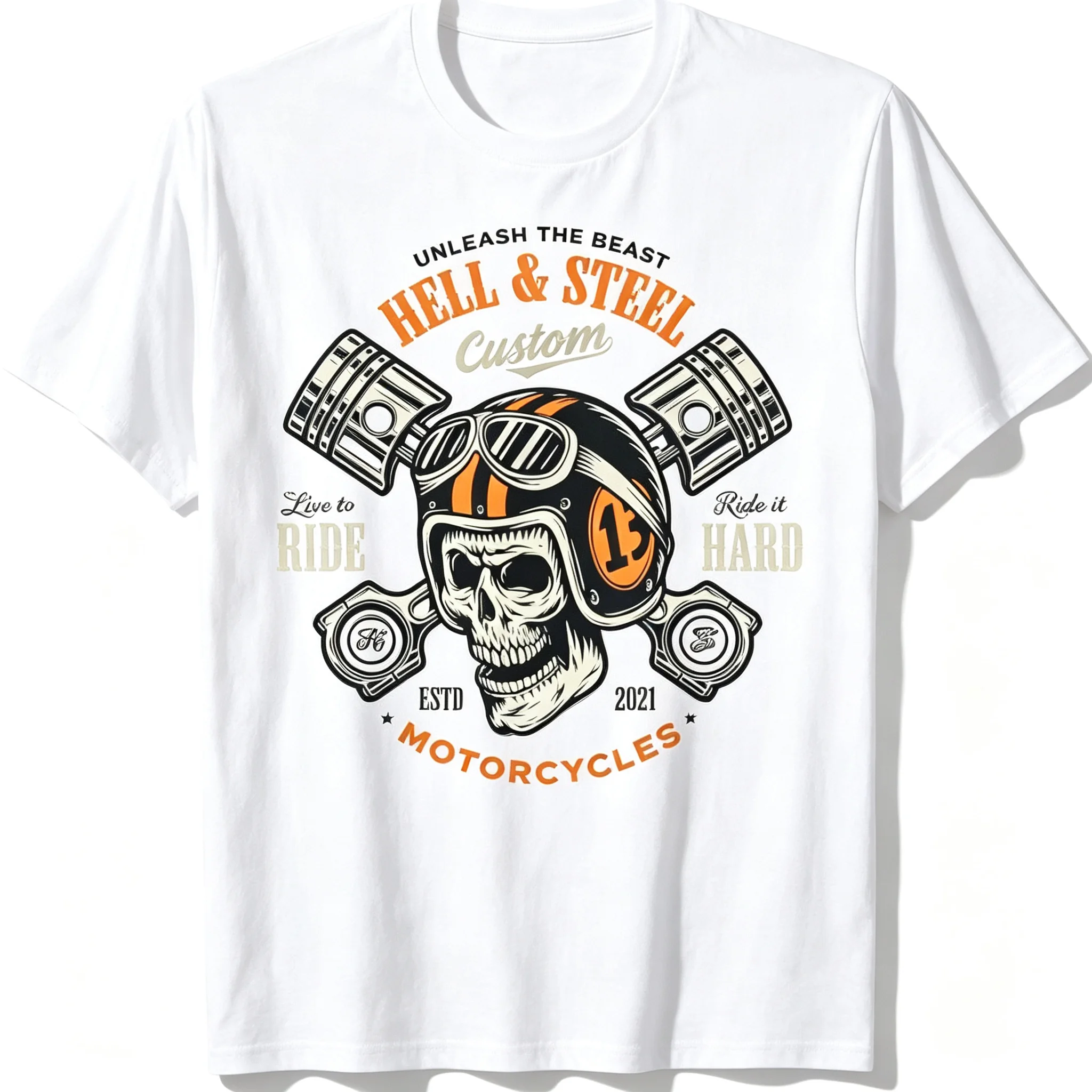 2026 Vintage Biker Skull Helmet Hell & Steel Custom Motorcycles Graphic Short‑Sleeve T‑Shirt For Kids Adults Crew Neck Tee