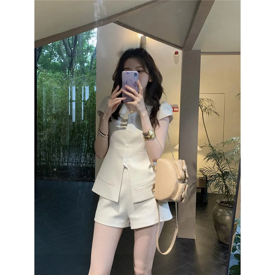 

New Fashion Elegant Commuter Suit Solid Color Slim Fit Vest Coat High Waist Shorts Summer Two Piece Set Women Outfits