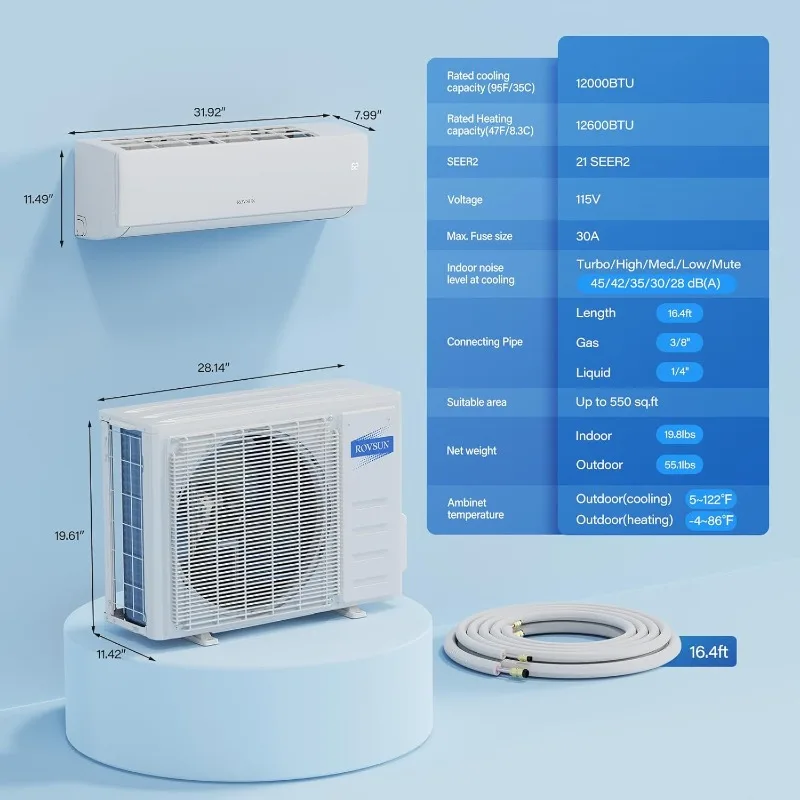 12000 BTU Mini Split AC/Heating System with Inverter, 21 SEER2 Energy Saving 115V Ductless Split-System Air Conditioner