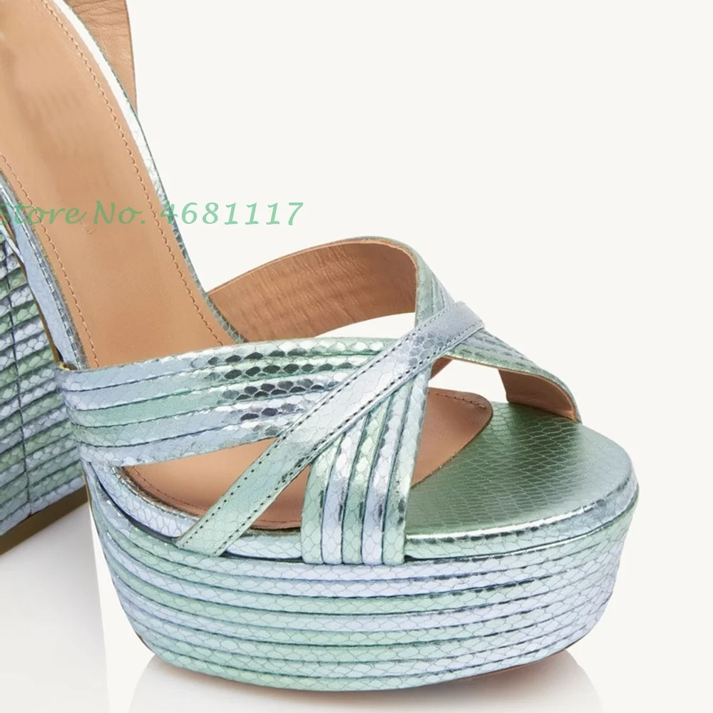 Blue Platform Summer Sandals 2022 Women Brand Funky Buckle Strap Striped Pumps Round Toe High Chunky Heels Romen Elegant Sandals