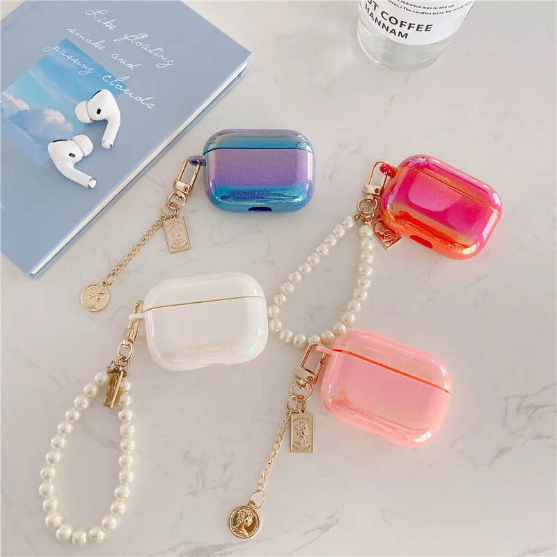 3D Pearl Shell Keychain Water Drop Rainbow Hard Headphone Earphone case for apple airpods pro Wireless Headset cover