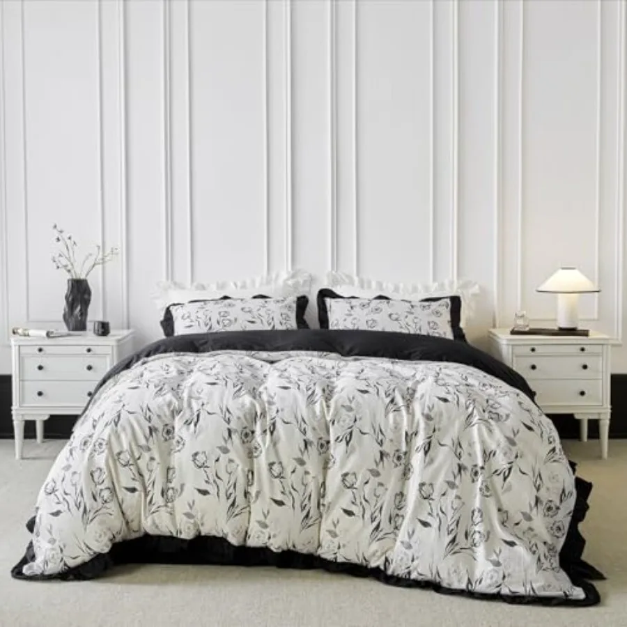 

Grey Flower Duvet Cover 100% Cotton 3 Pcs Set 1 White Botanical Duvet Cover with Zipper Ties 2 Pillow Shams Vintage Shabby Chic