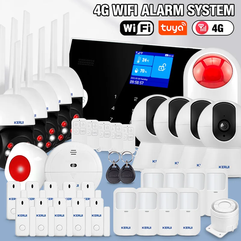 KERUI 433mhz 4G/WIFI Home Alarm System Kits Support 3 Wired Defense Zones G34 Security Burglar Alarm Tuya Smart Life PIR Sensor