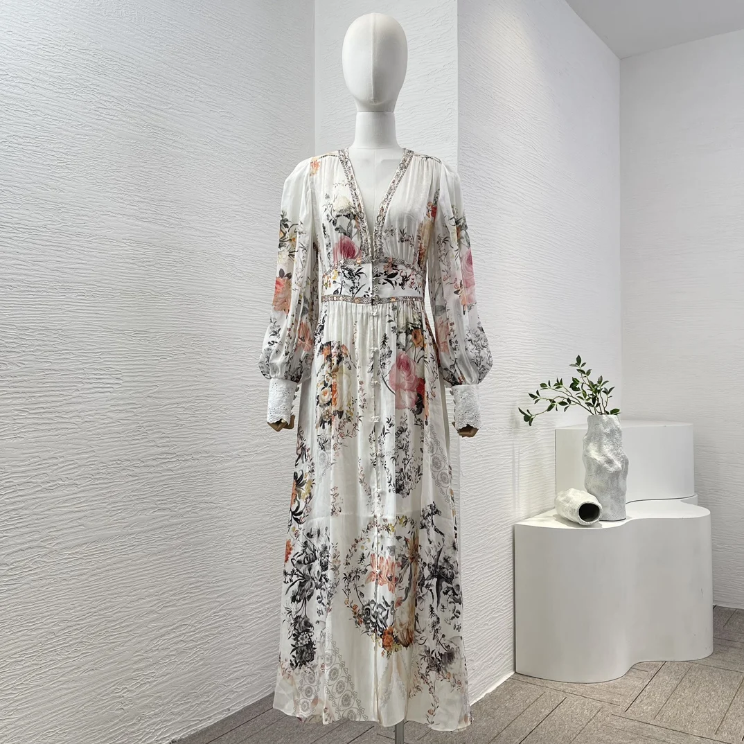 White Linen Silk High Quality Latest Collection 2024 Re-tro Floral Print Diamonds Full Sleeve Shirring Women Summer Midi Dress