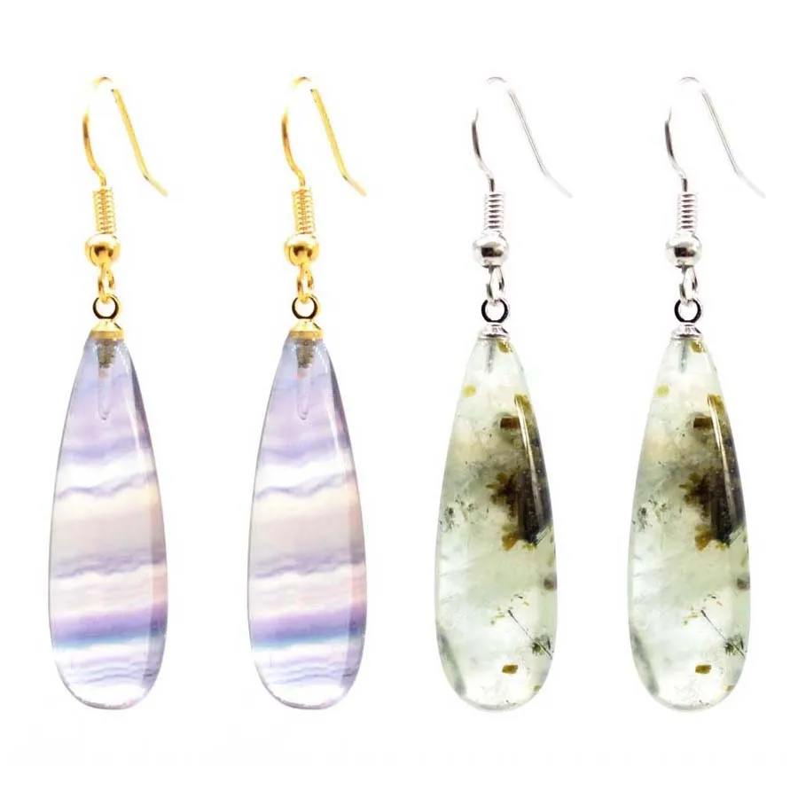 Natural Crystals Stone Earrings For Women Rose Quartz Crystal Fluorite Prehnite Long Drop Dangel Hook Earring Jewelry Gifts