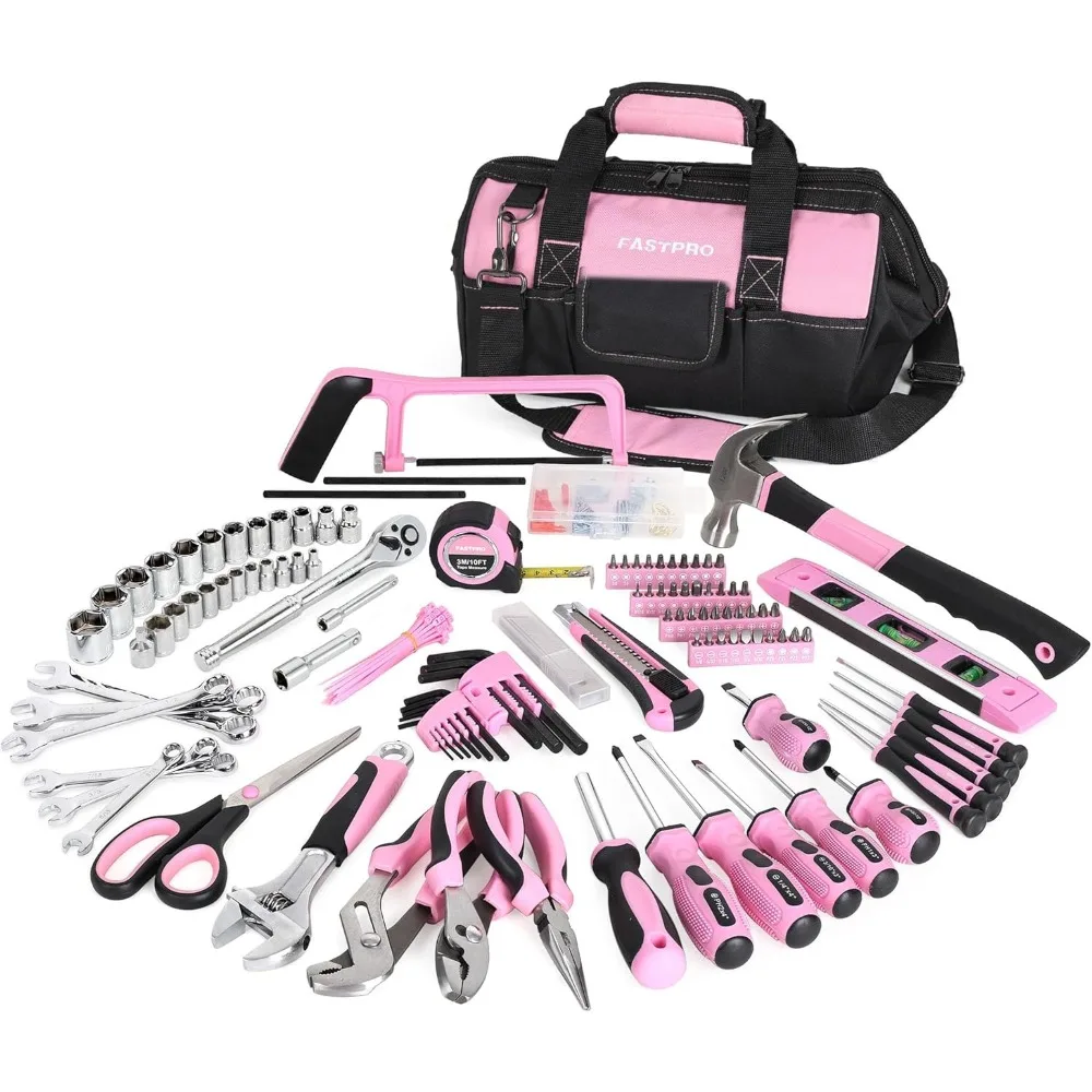

FASTPRO 267-Piece Pink Tool Set, Home Repairing Tool Kit with 13-Inch Wide Mouth Open Tool Bag, Mechanics Hand Tool Kit for DIY,